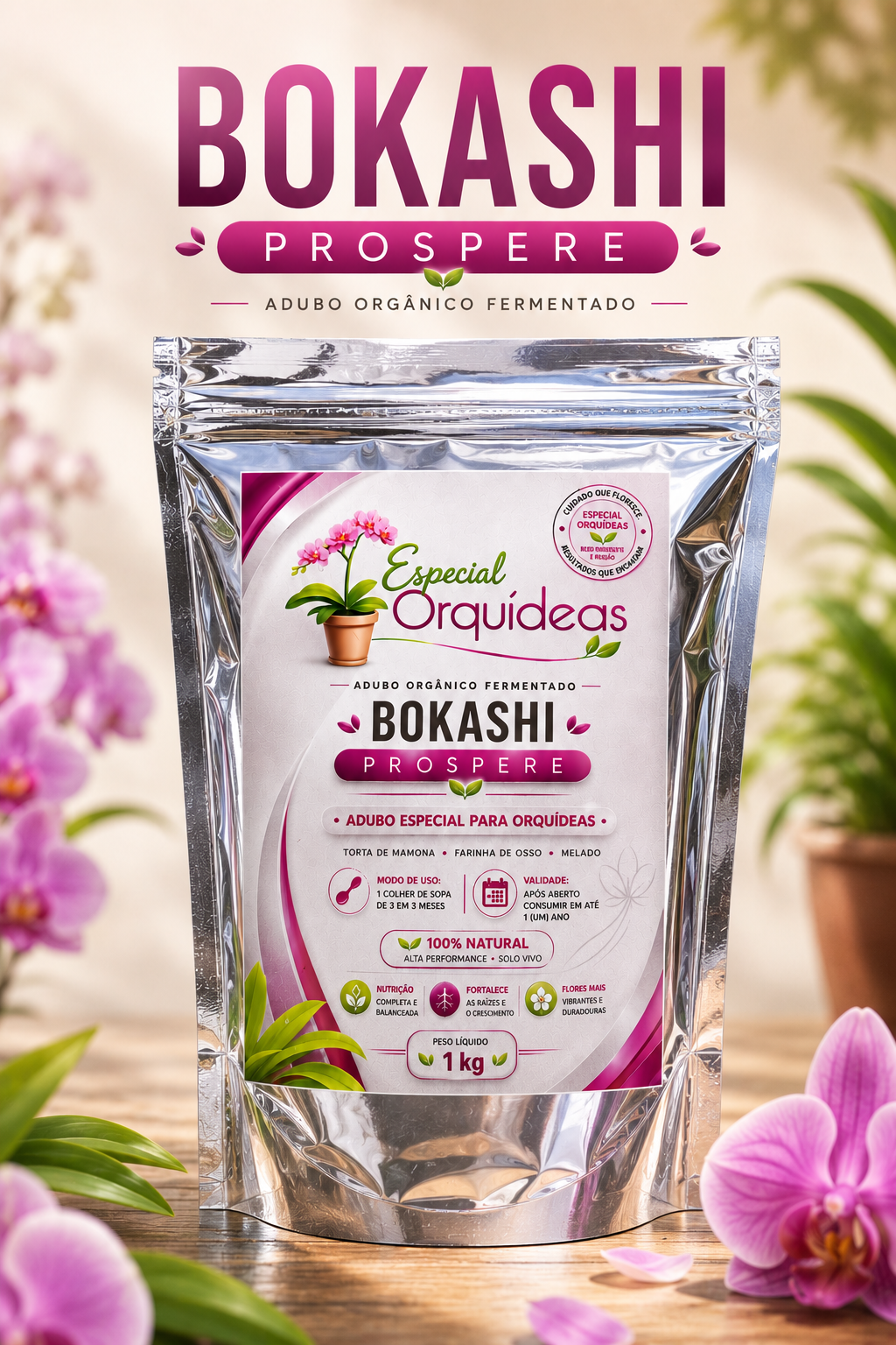 Aplicação do Bokashi Prospere no substrato de uma orquídea em vaso
